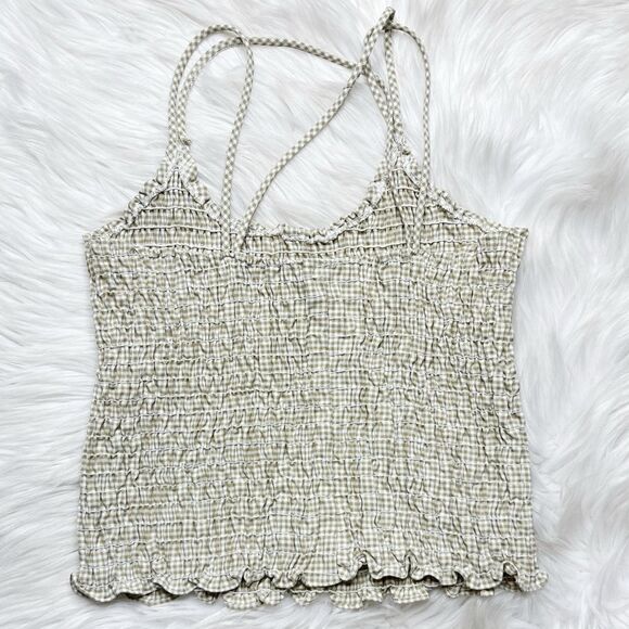 Papas Fashion Vintage Smocked Criss Cross Checkered Tank Top Brown White Medium - Picture 2 of 6